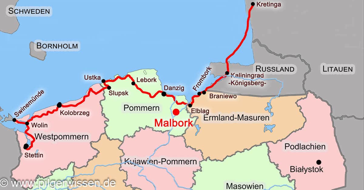 Die von Beate Steger selbst gezeichnete Karte zeigt den Verlauf des Pommerschen Jakobswegs