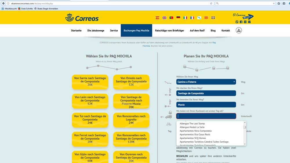 Screenshot von der Internetseite von Correos, der spanischen Post, zum Gepäcktransport auf dem Jakobsweg