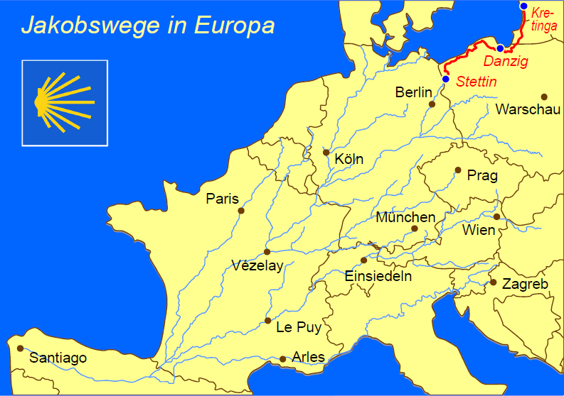 Europakarte mit Jakobswege und vielen Städten, in rot ist der pommersche Jakobsweg eingezeichnet