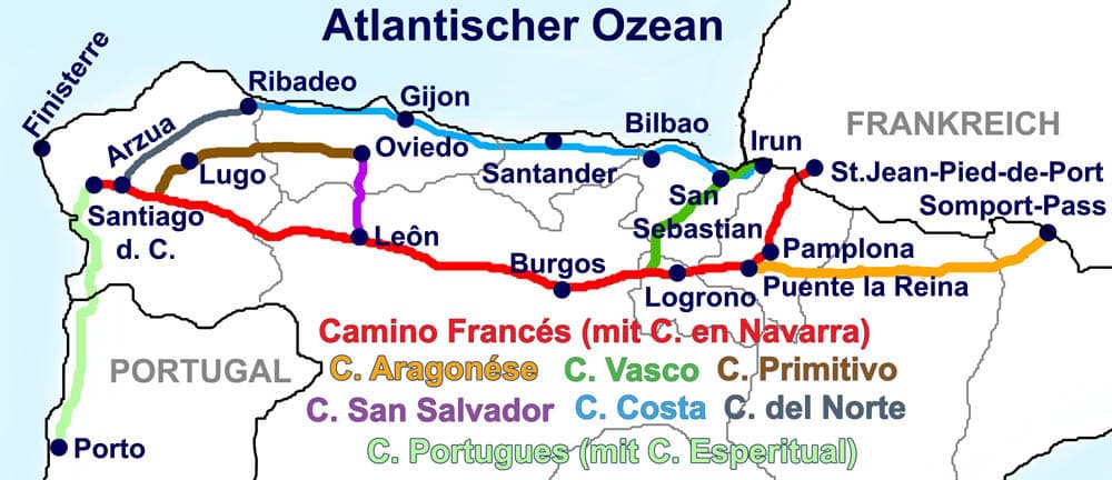 Karte mit sieben Jakobswegen in verschiedenen Farben, die durch Nordspanien führen