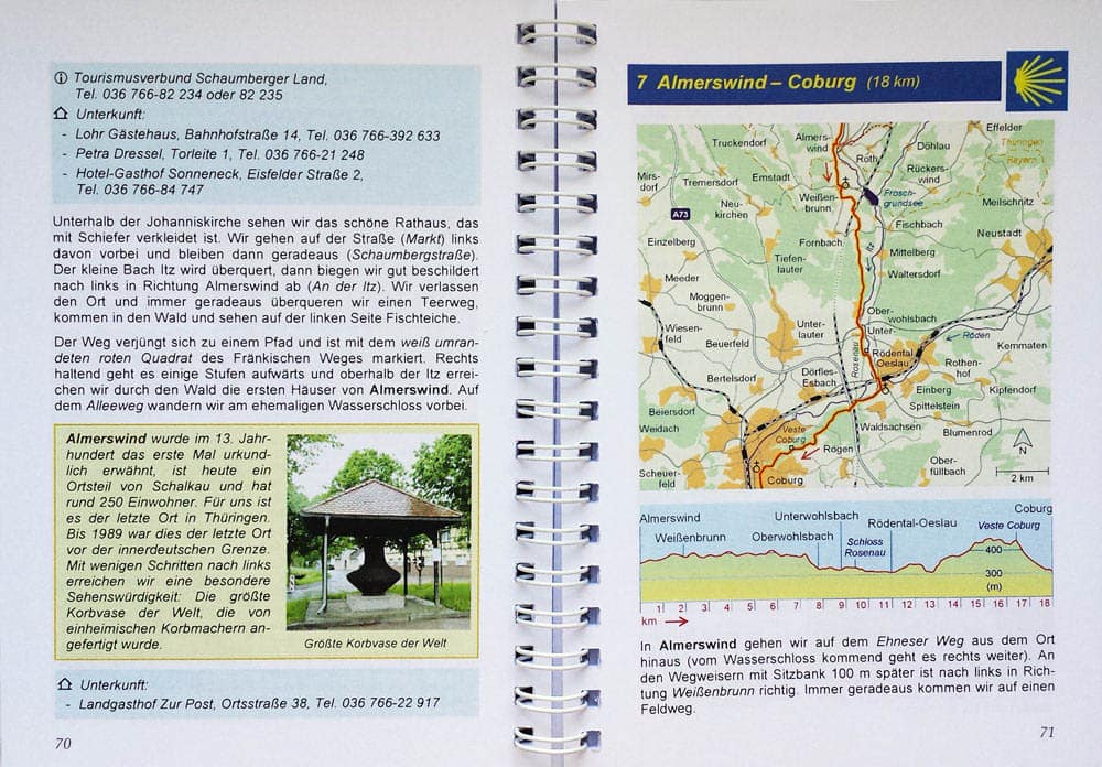 Beispielseite des Pilgerführers Erfurt-Rothenburg mit Beschreibung, Bild und Karte